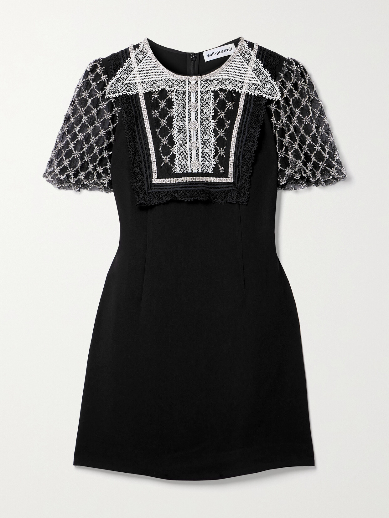 Self-Portrait Embellished Tulle And Lace-trimmed Crepe Mini Dress - Black
