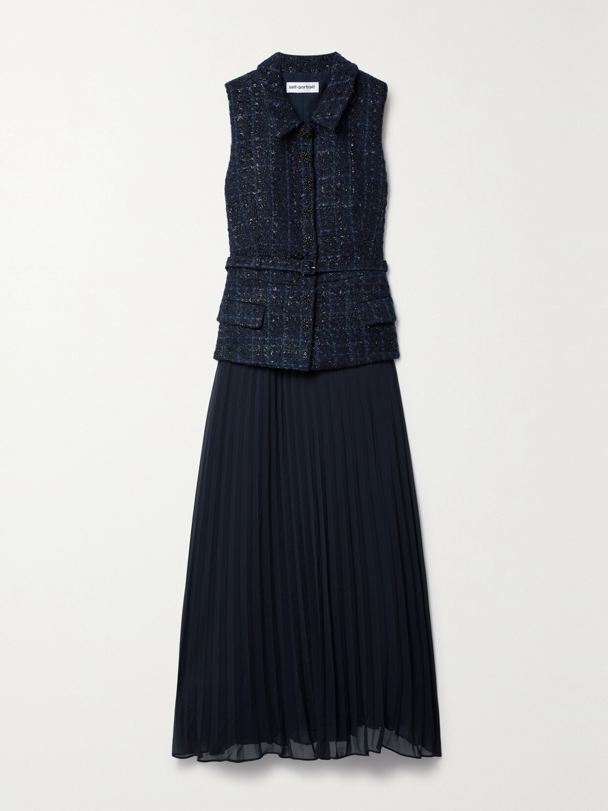 Self-Portrait - Convertible Belted Metallic Bouclé-tweed And Georgette Midi Dress - Blue