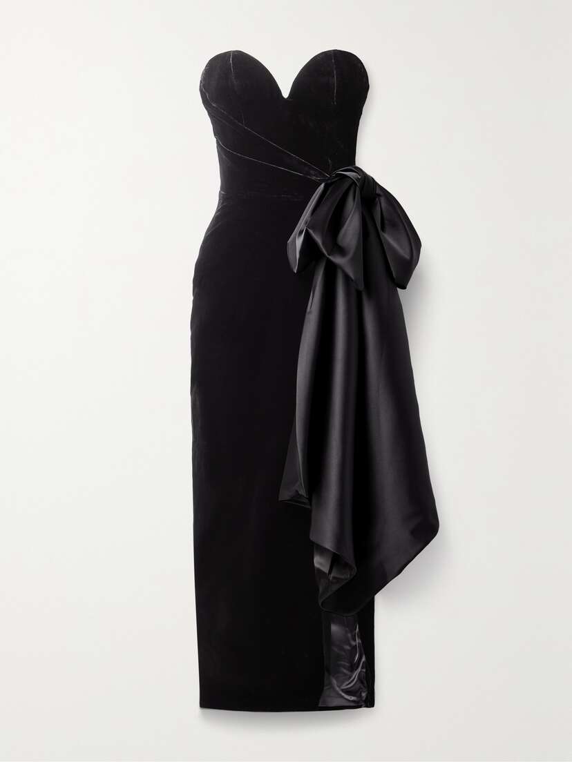RASARIO Mikado-paneled Strapless Velvet Midi Dress