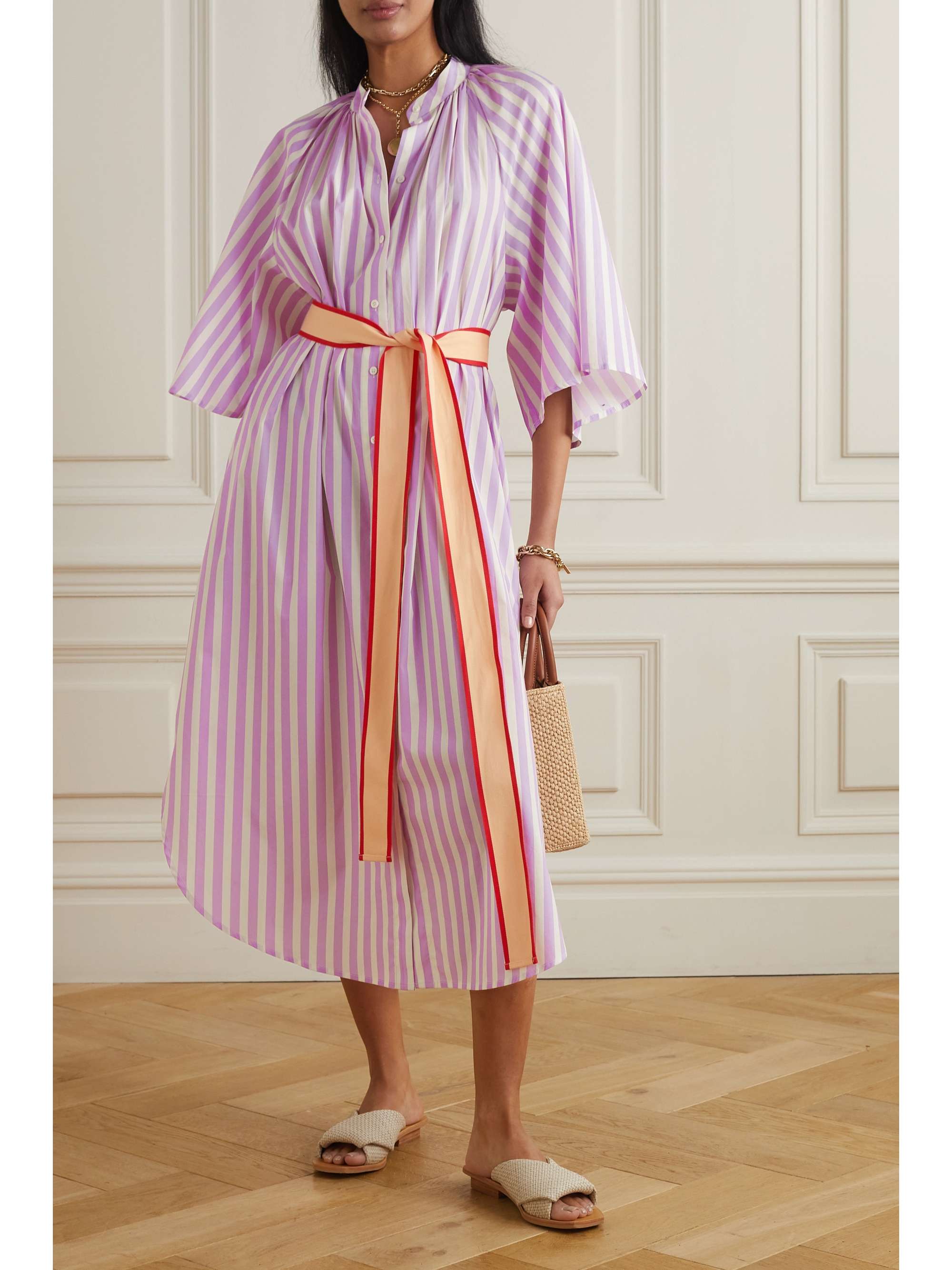 OROTON Belted striped cotton midi dress NETAPORTER