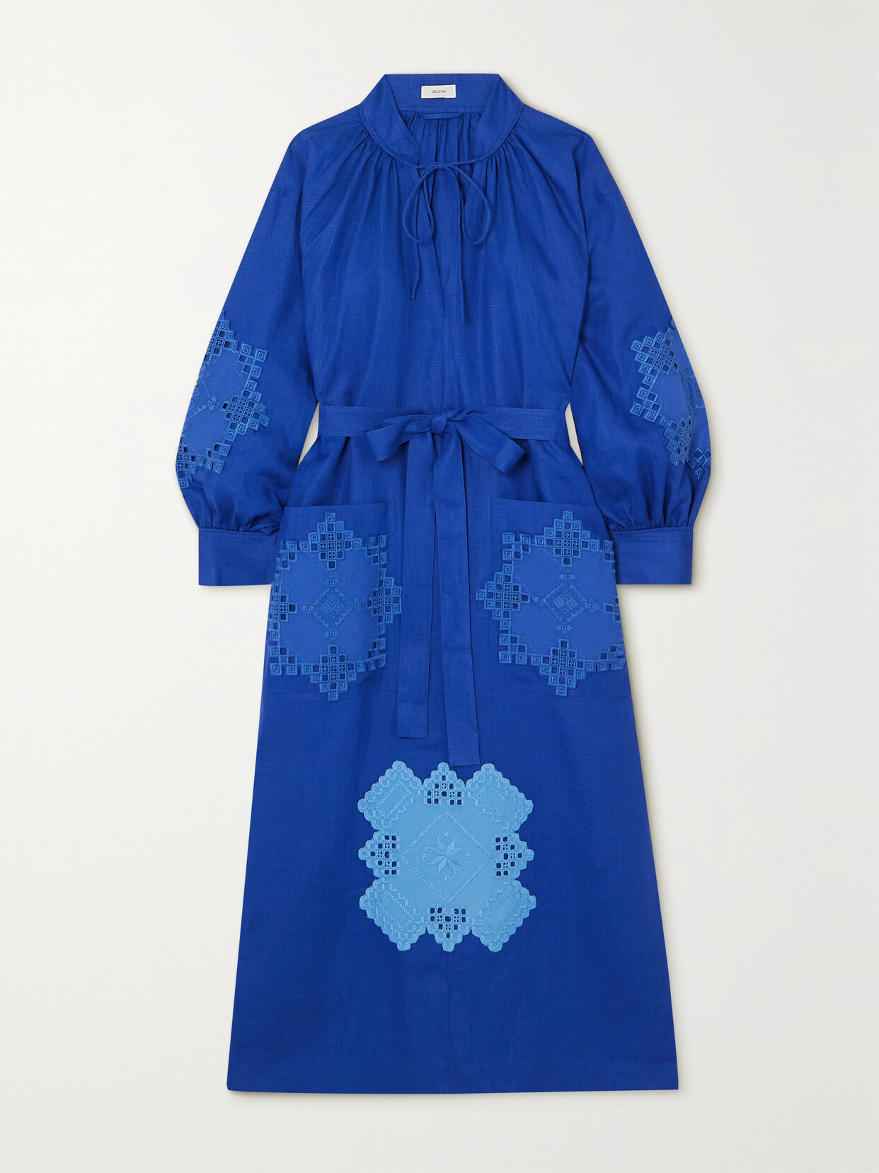 Oroton Belted Appliquéd Linen Midi Dress - Blue