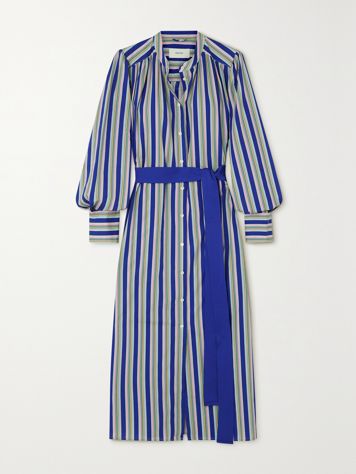 Oroton - Positano Belted Striped Cotton Midi Shirt Dress - Blue