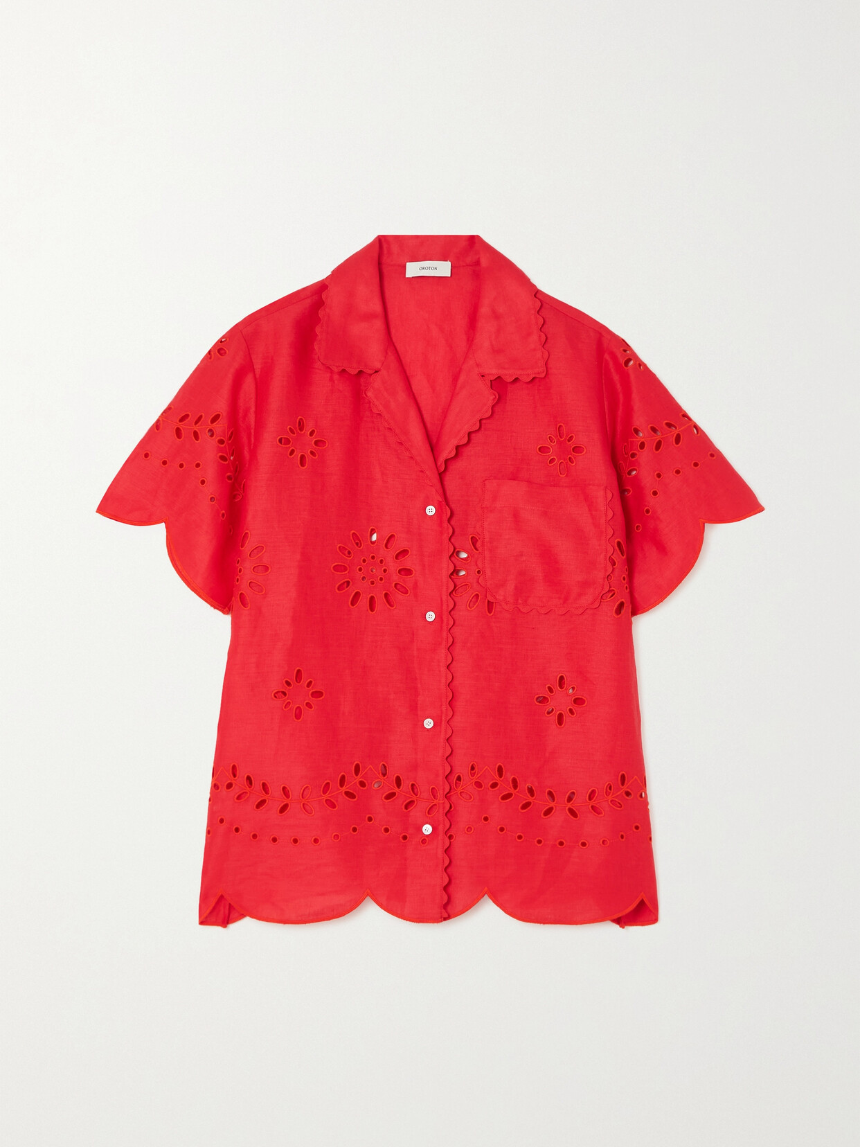 Oroton - Scalloped Broderie Anglaise Linen Shirt - Red