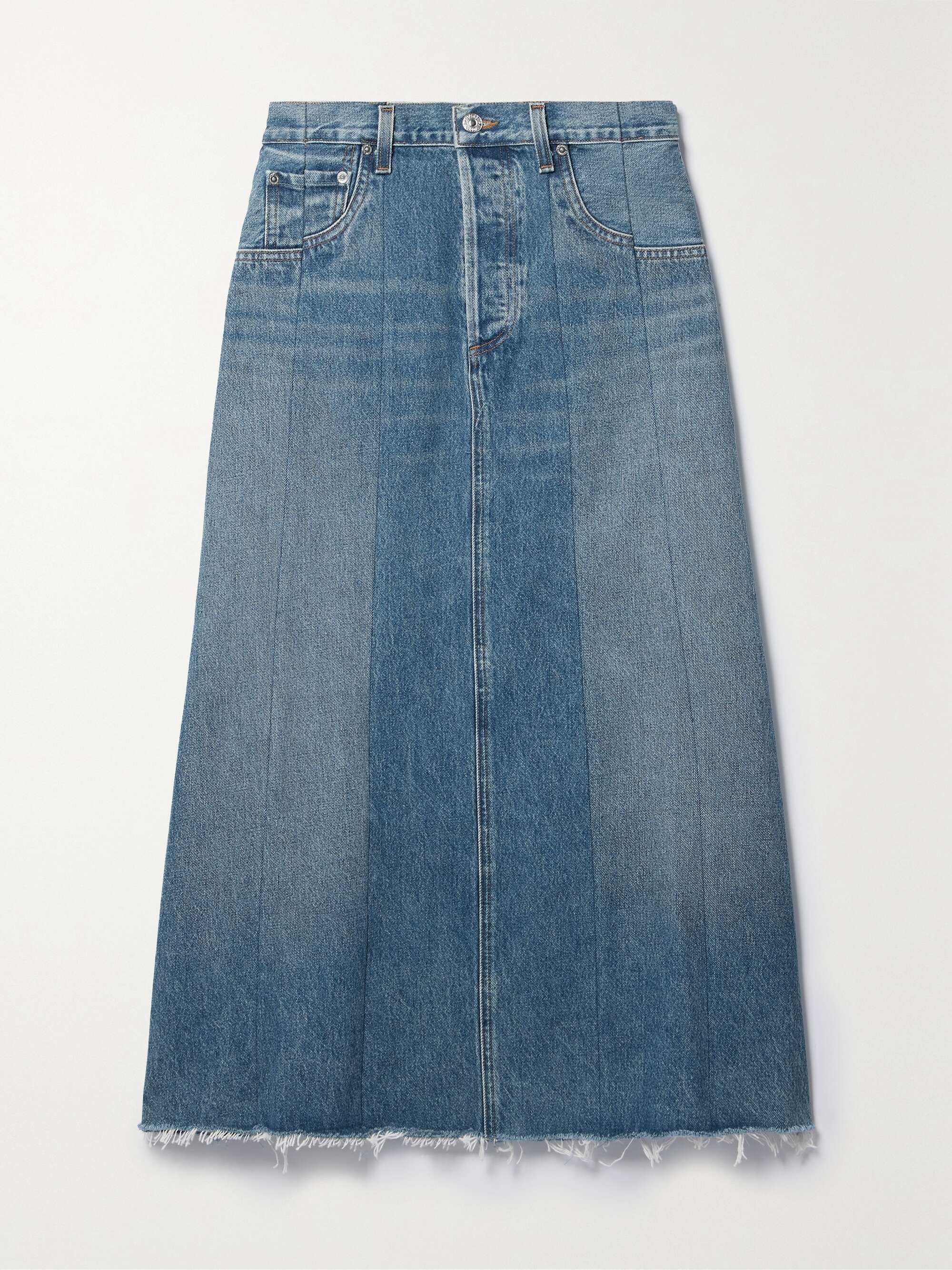 Citizens of Humanity's 'Raian' skirt is made from strips of tonal-blue organic denim that are spliced together for a deconstructed, paneled effect. It comes in a versatile 'Veranda' wash and has a frayed midi hem. Style yours with tucked-in sweaters and tops.