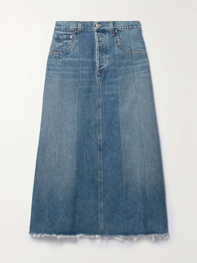 Citizens of Humanity + Net Sustain Raian Frayed Paneled Organic Denim Midi Skirt