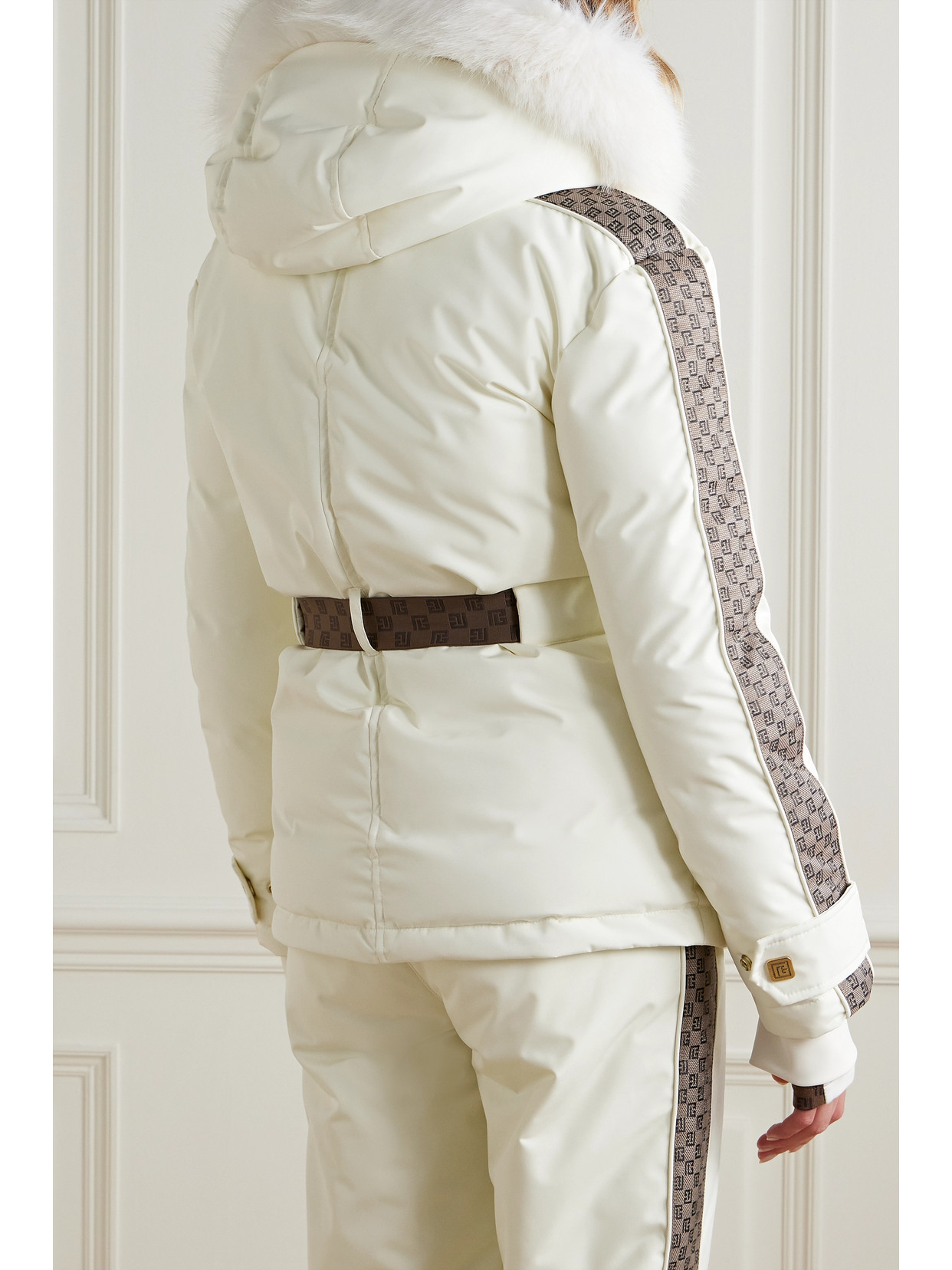 Balmain Belted Hooded Faux Fur And Jacquard-trimmed Shell Ski Jacket In Ivory