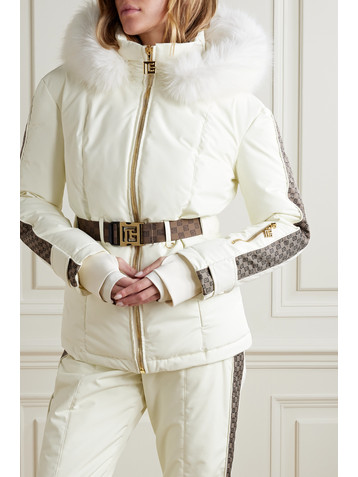 Balmain Belted hooded faux fur and jacquard-trimmed shell ski jacket