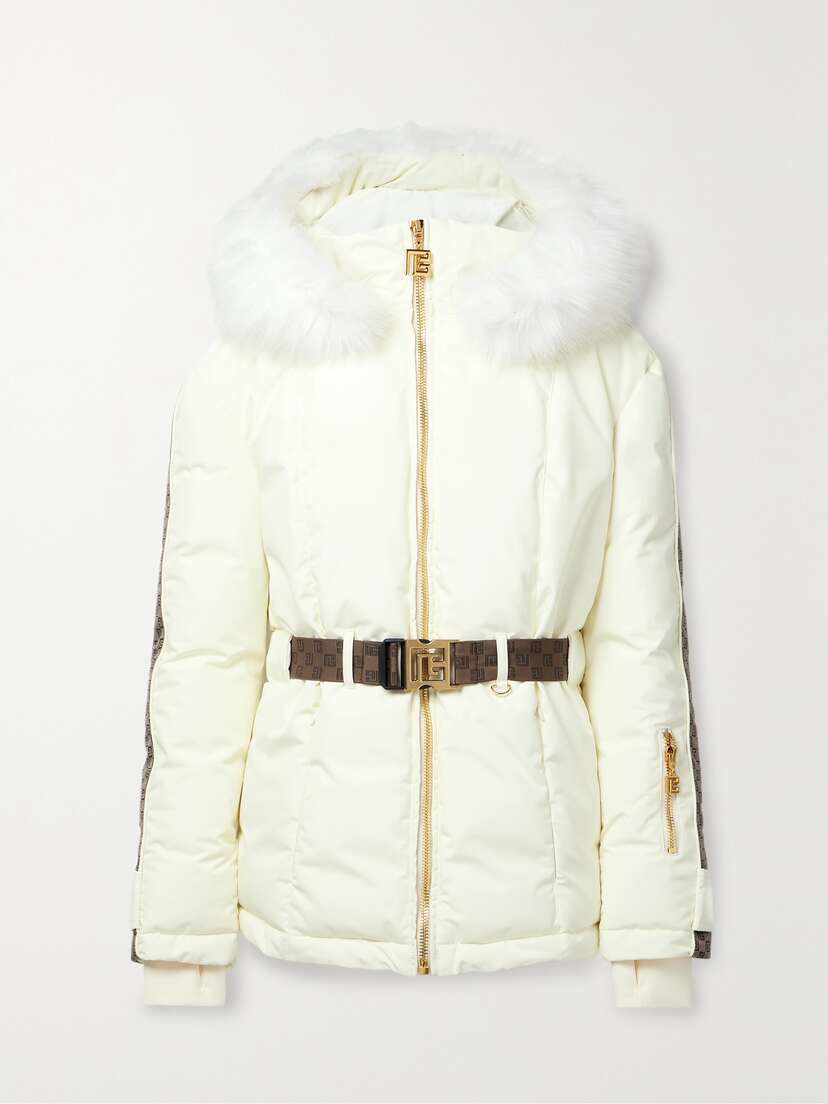 Balmain Belted Hooded Faux Fur And Jacquard-trimmed Shell Ski Jacket