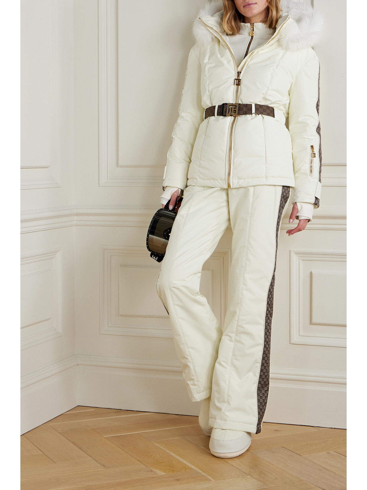 Balmain Belted Hooded Faux Fur And Jacquard-trimmed Shell Ski Jacket In Ivory