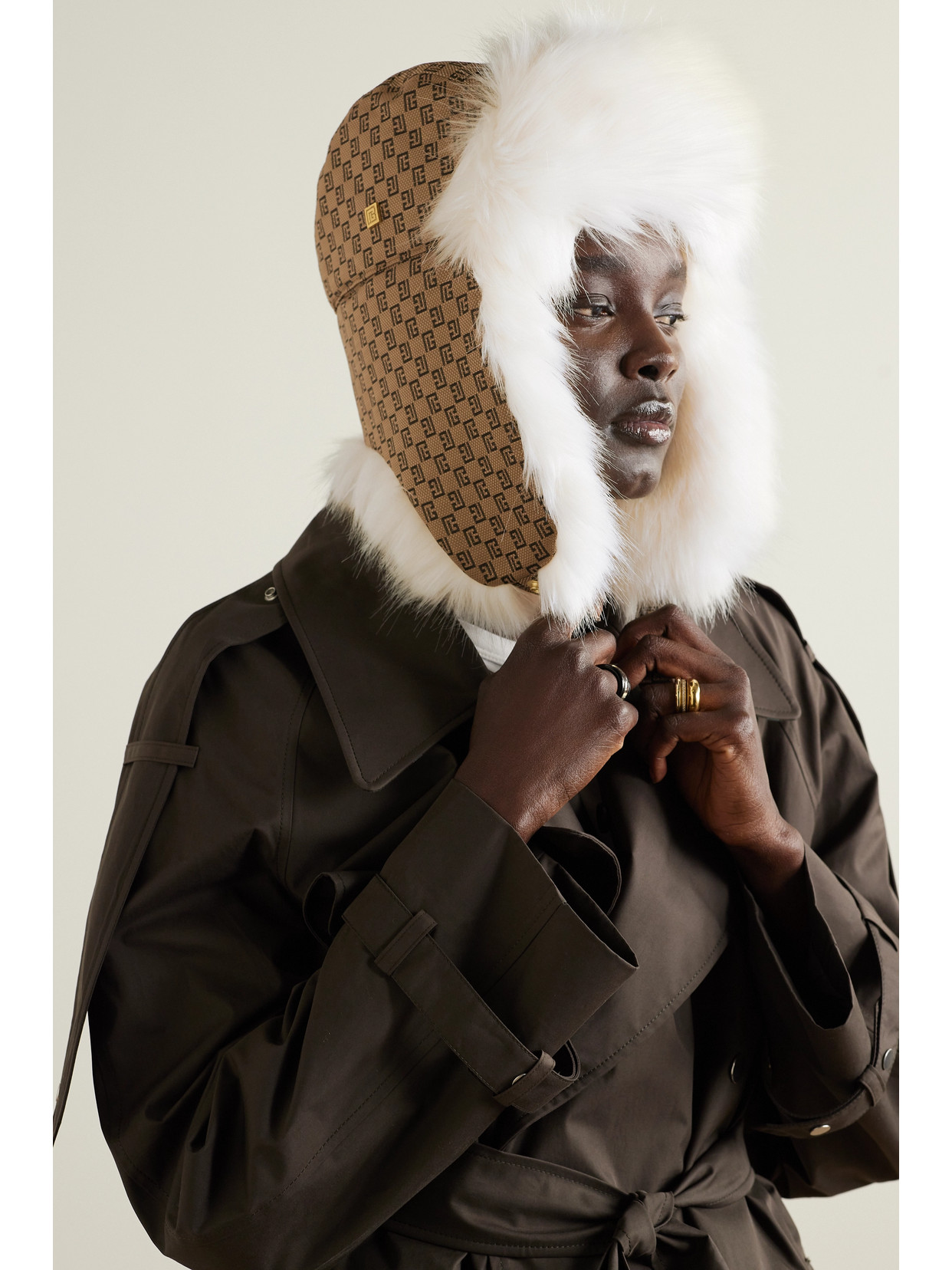 Balmain Faux Fur-lined Canvas-jacquard Hat In Brown