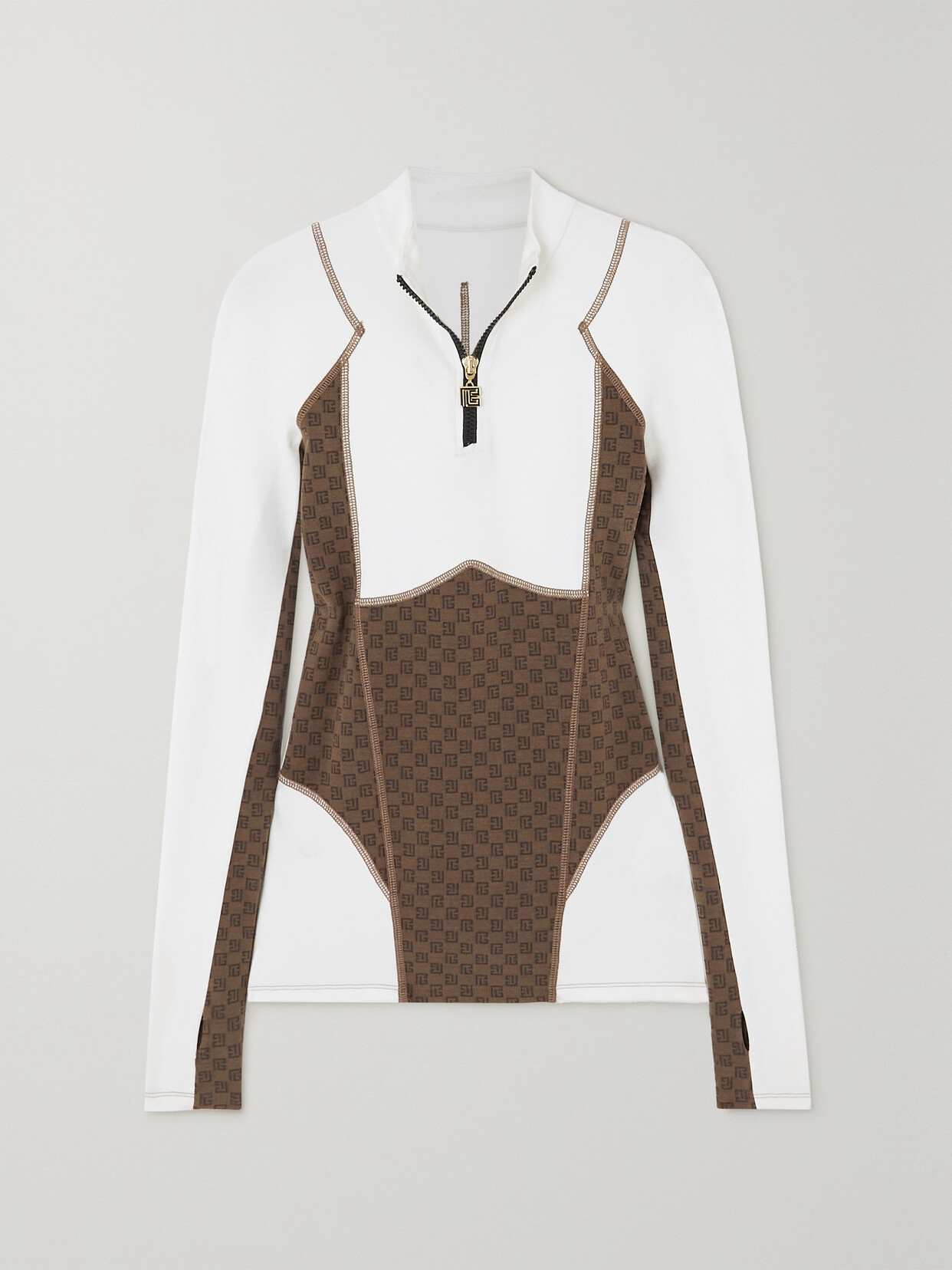 Shop Balmain Printed Paneled Stretch Cotton-jersey Base Layer In Ivory