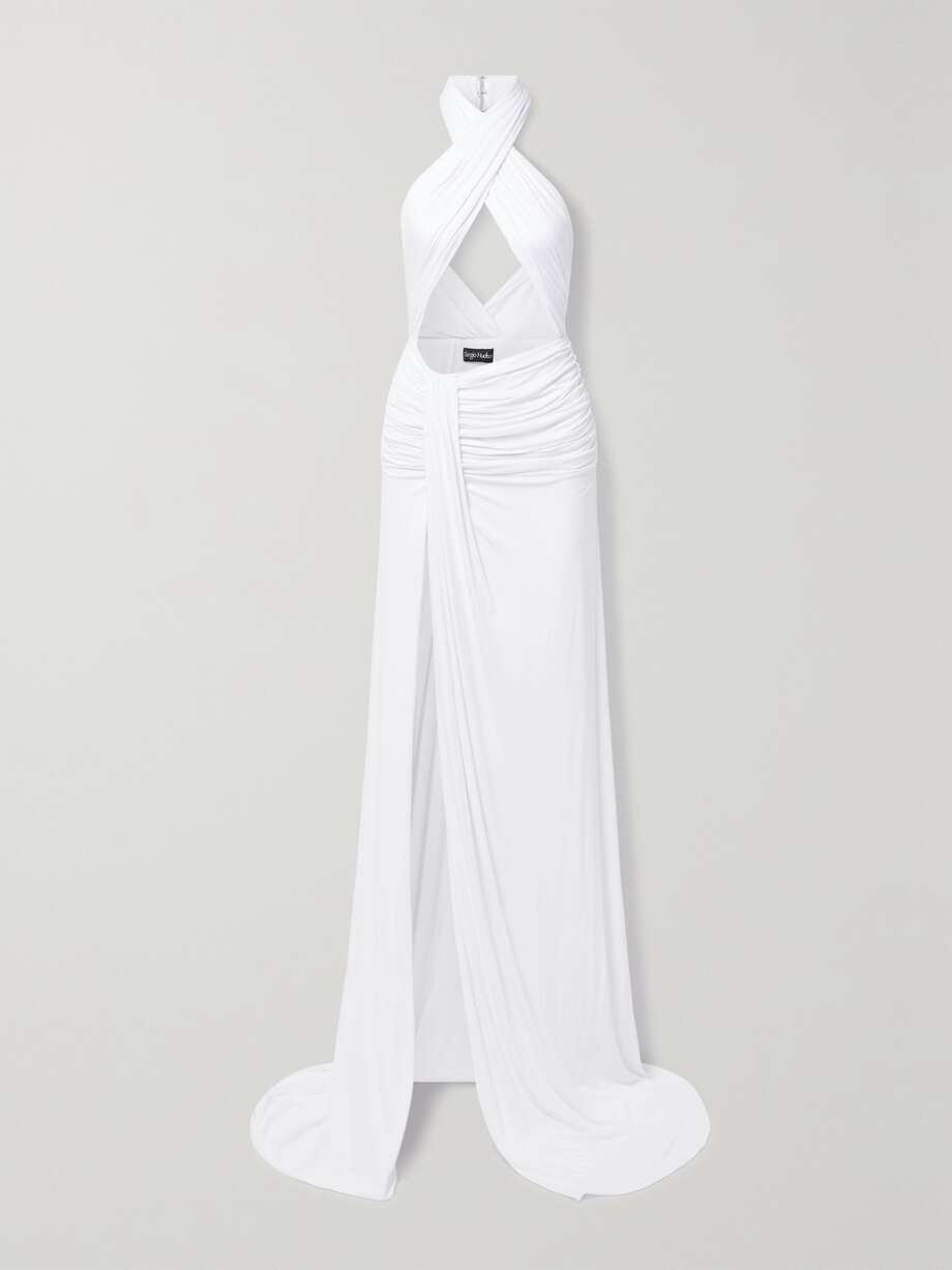 net-a-porter.com | Cutout ruched stretch-bamboo rayon halterneck gown