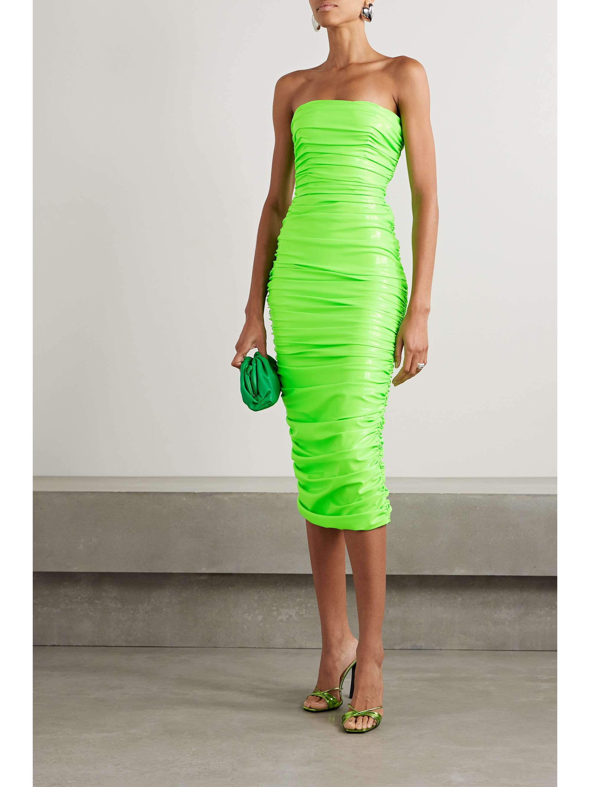 SERGIO HUDSON Strapless ruched neon coated stretch-jersey midi dress |  NET-A-PORTER