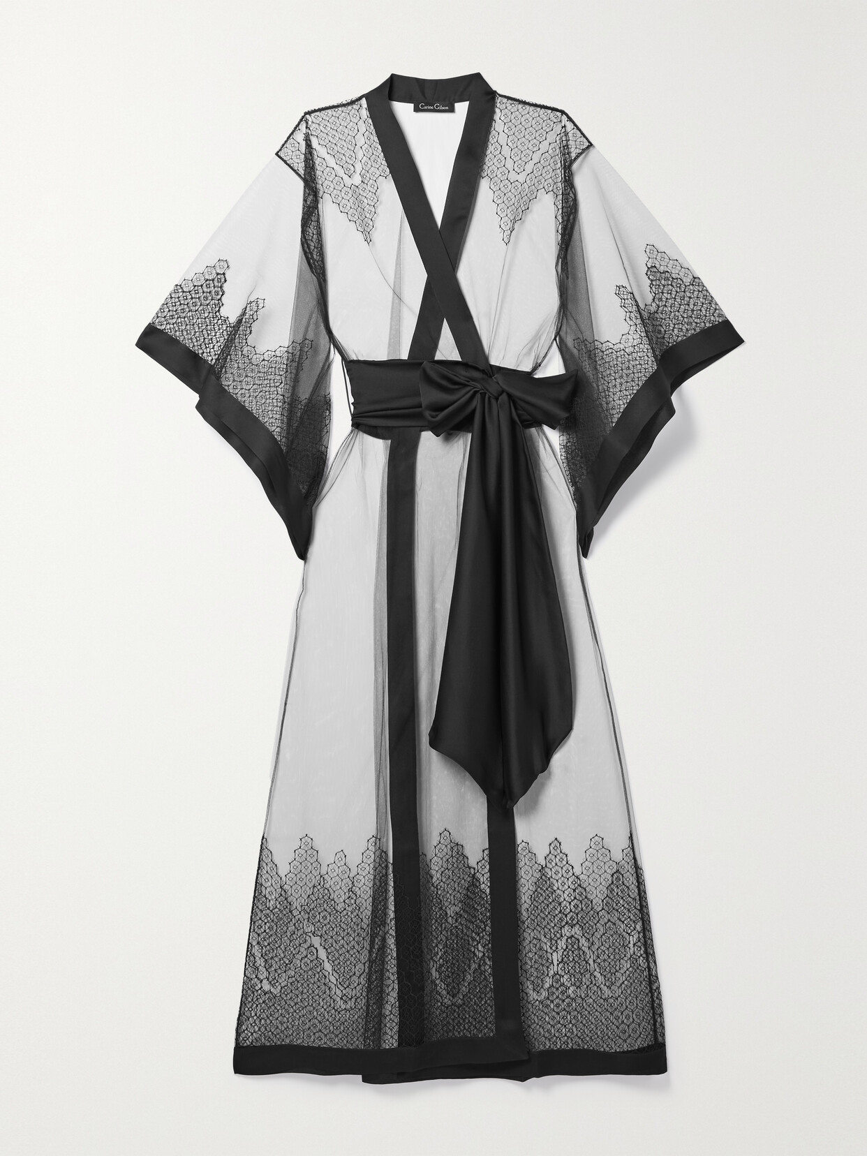 ALEMAIS Belted Satin-trimmed Embroidered Silk-tulle Robe - Black