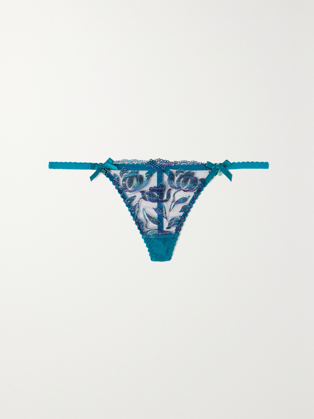 Agent Provocateur Sparkle Satin-trimmed Metallic Embroidered Tulle Thong In Blue