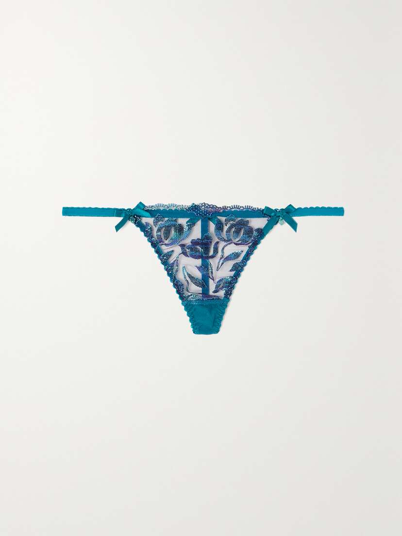 Agent Provocateur Sparkle Satin-trimmed Metallic Embroidered Tulle Thong
