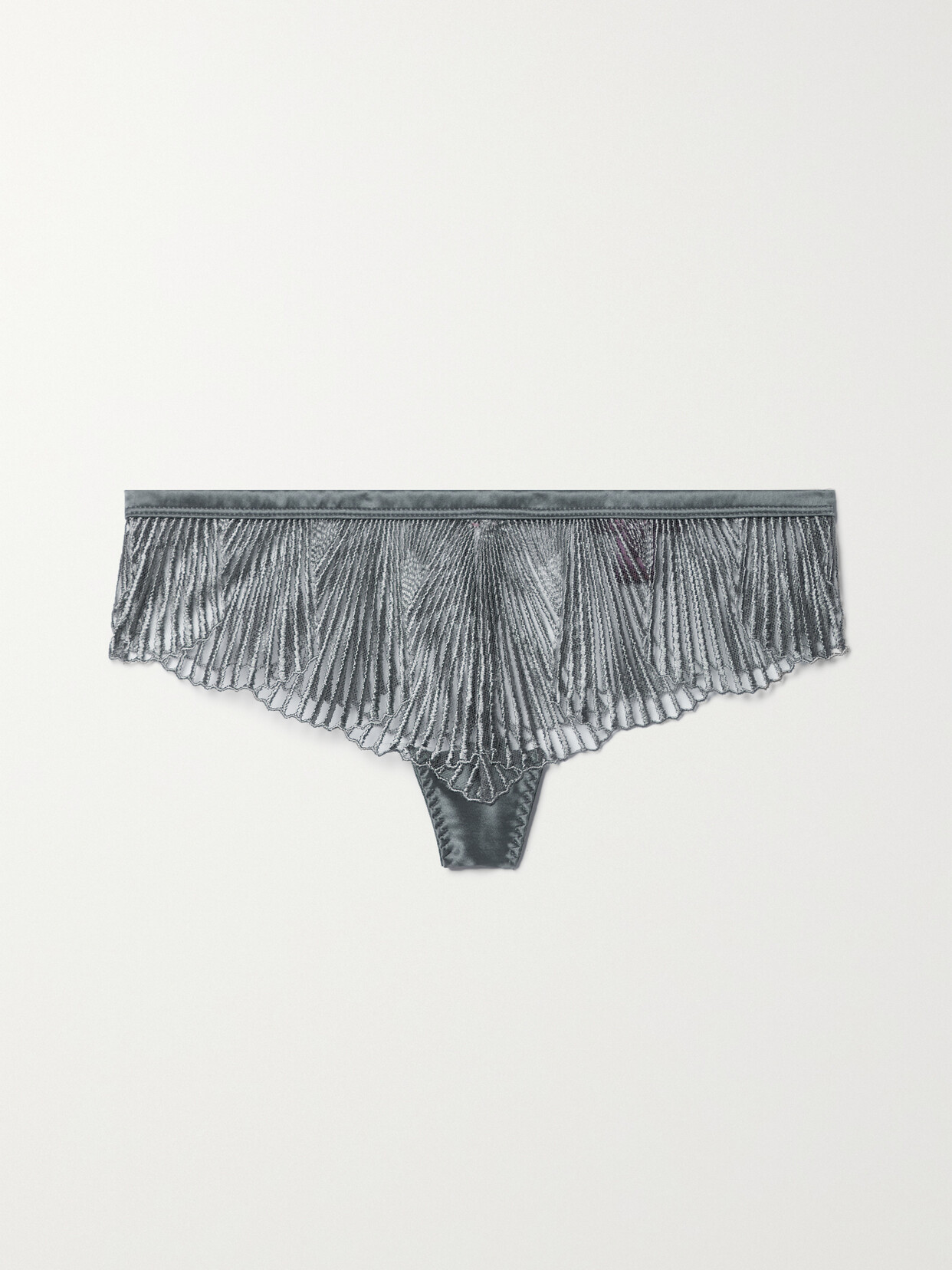 Coco de Mer - Athena Satin-trimmed Metallic Embroidered Stretch-tulle Thong - Silver