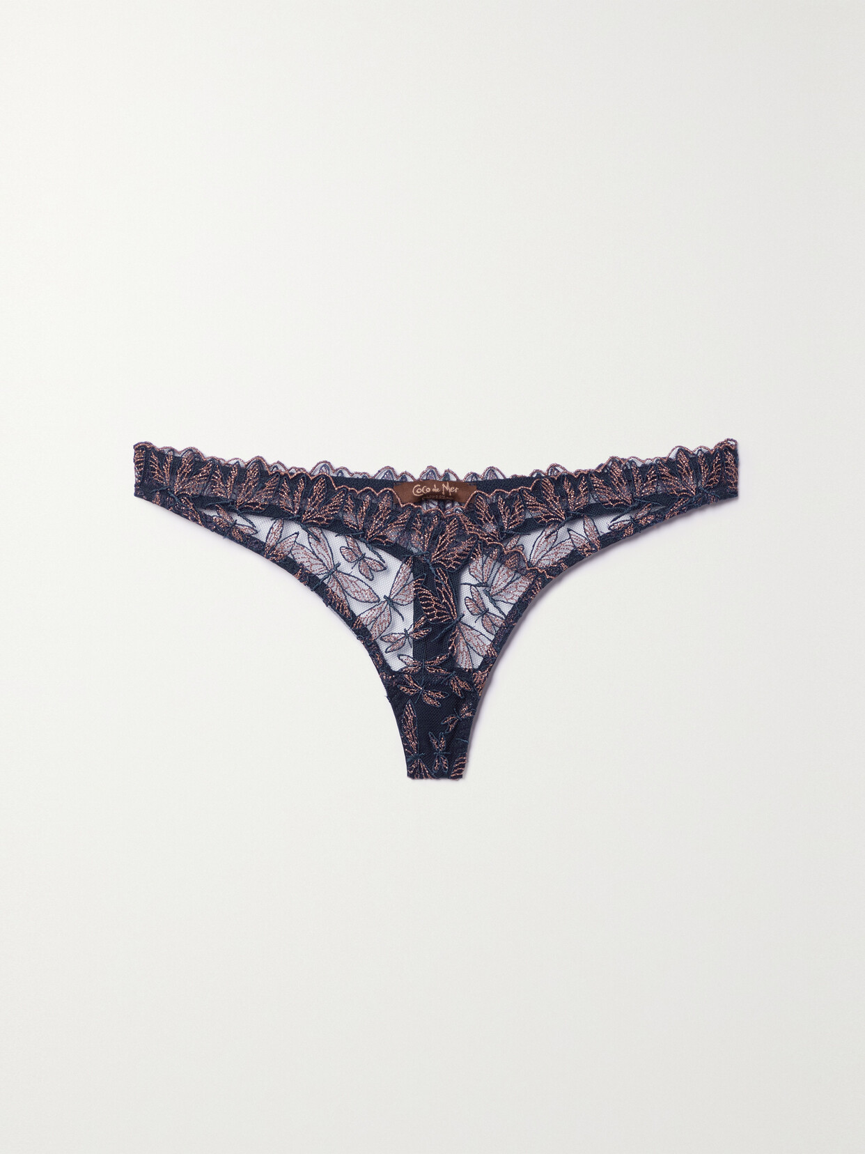 Coco de Mer - Odonata Scalloped Embroidered Metallic Tulle Thong - Blue