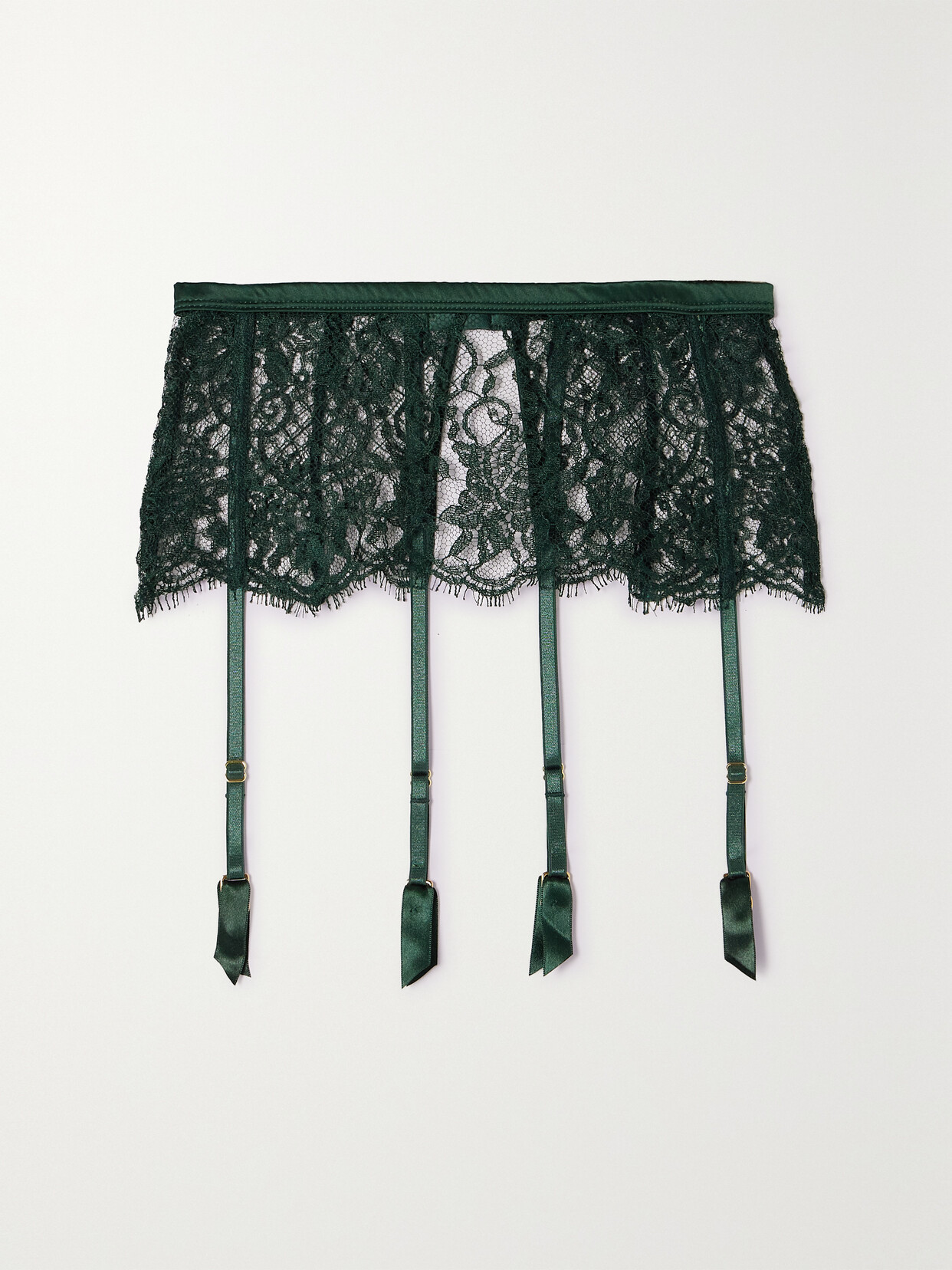 Coco de Mer Satin-trimmed Leavers Lace Suspender Belt - Green