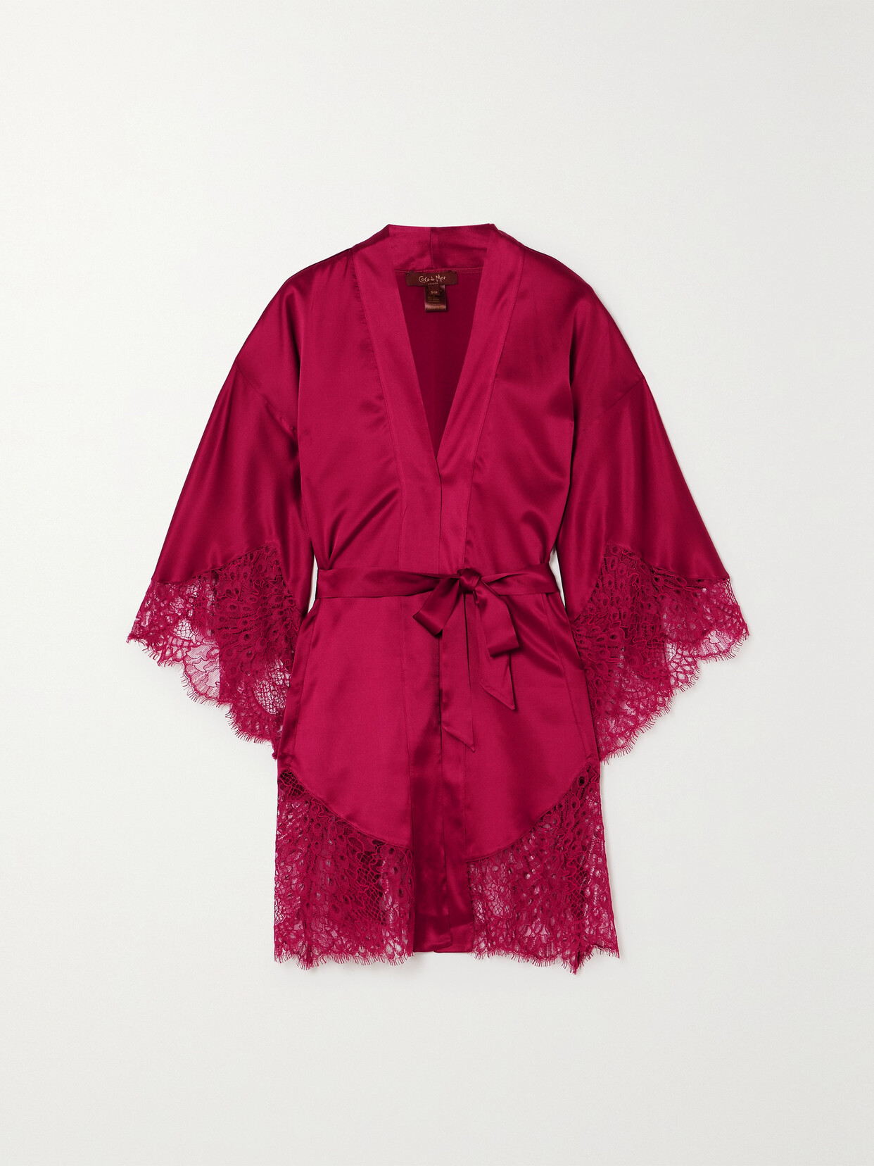 Coco de Mer - Corded Leavers Lace-trimmed Satin Robe - Red