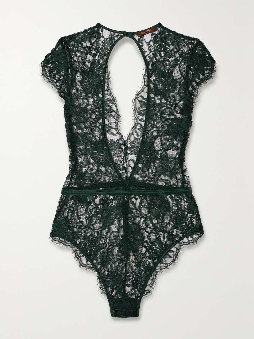 Coco de Mer Open-back Satin-trimmed Leavers Lace Bodysuit