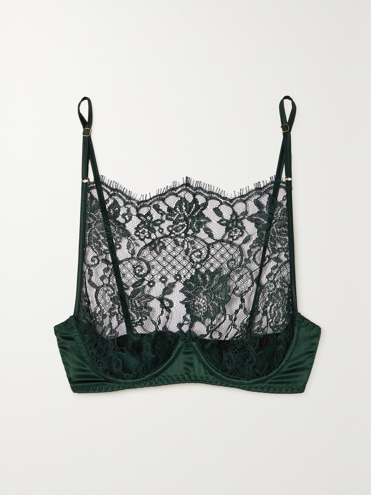 Coco de Mer - Satin-trimmed Leavers Lace Underwired Balconette Bra - Green