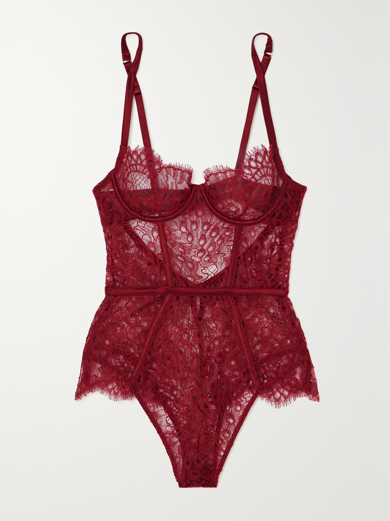 Coco De Mer Astrantia Satin-trimmed Corded Leavers Lace Bodysuit In Red ...