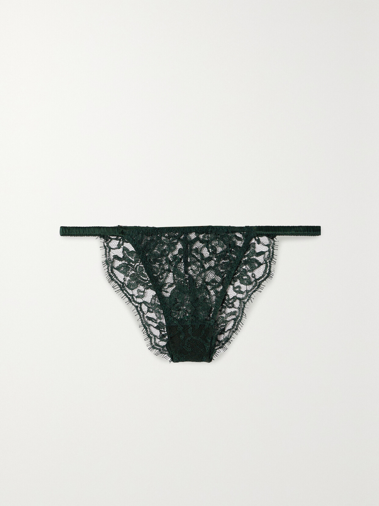 Coco de Mer - Satin-trimmed Leavers Lace Thong - Green