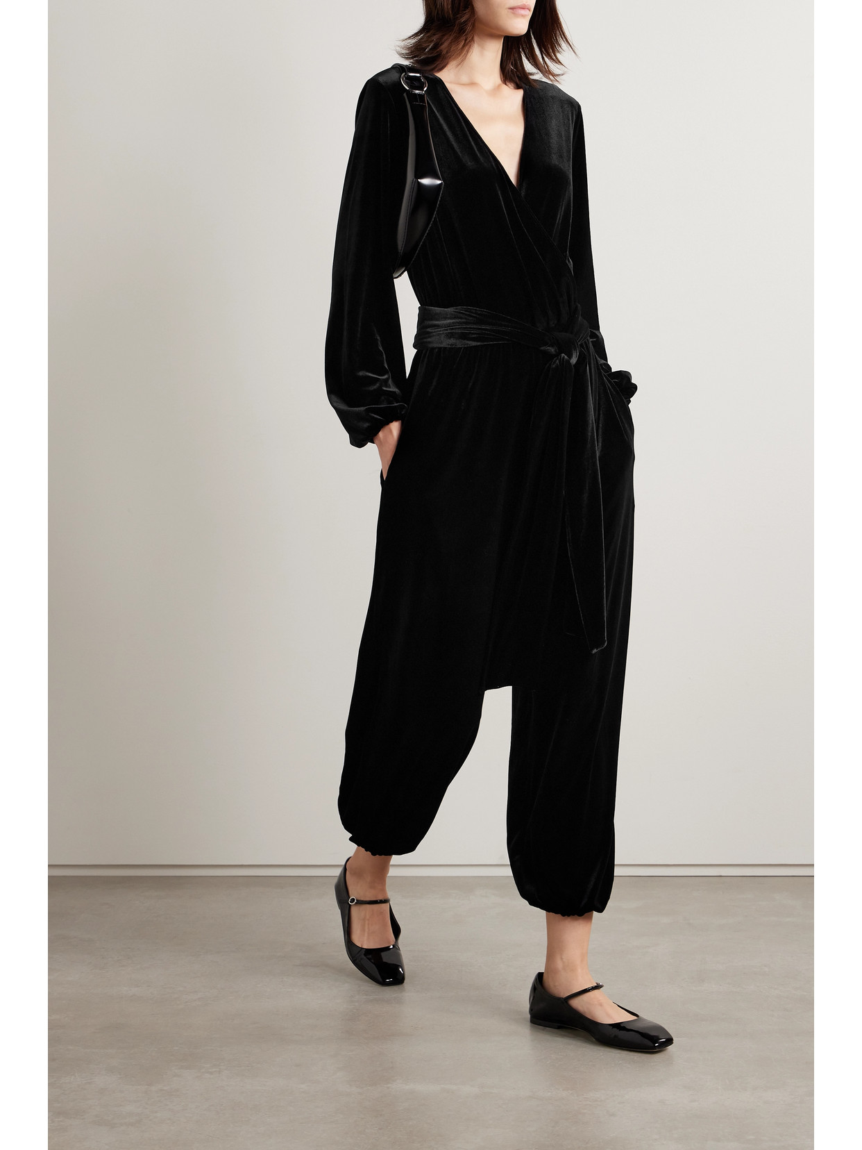 Shop Rivet Utility + Net Sustain Dazzler Tie-detailed Velvet Jumpsuit In Black