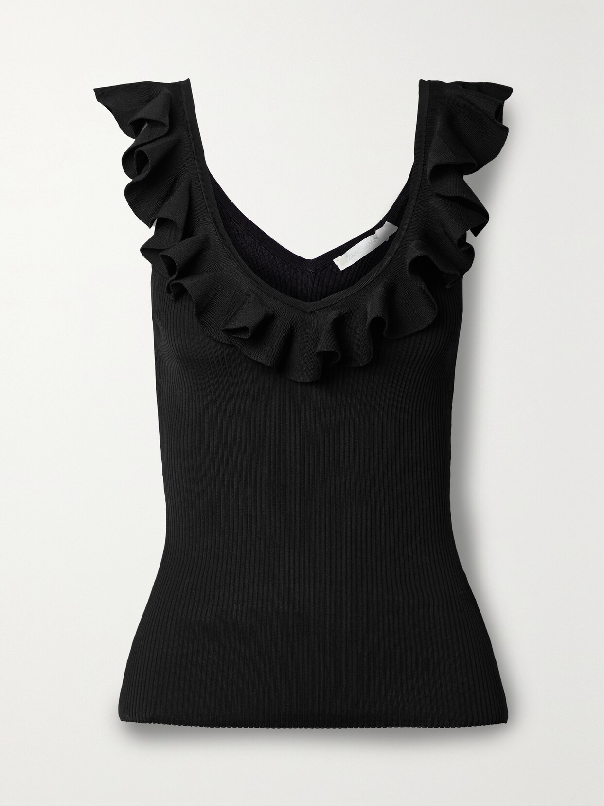 Zimmermann - Devi Ruffle-trimmed Ribbed-knit Tank - Black