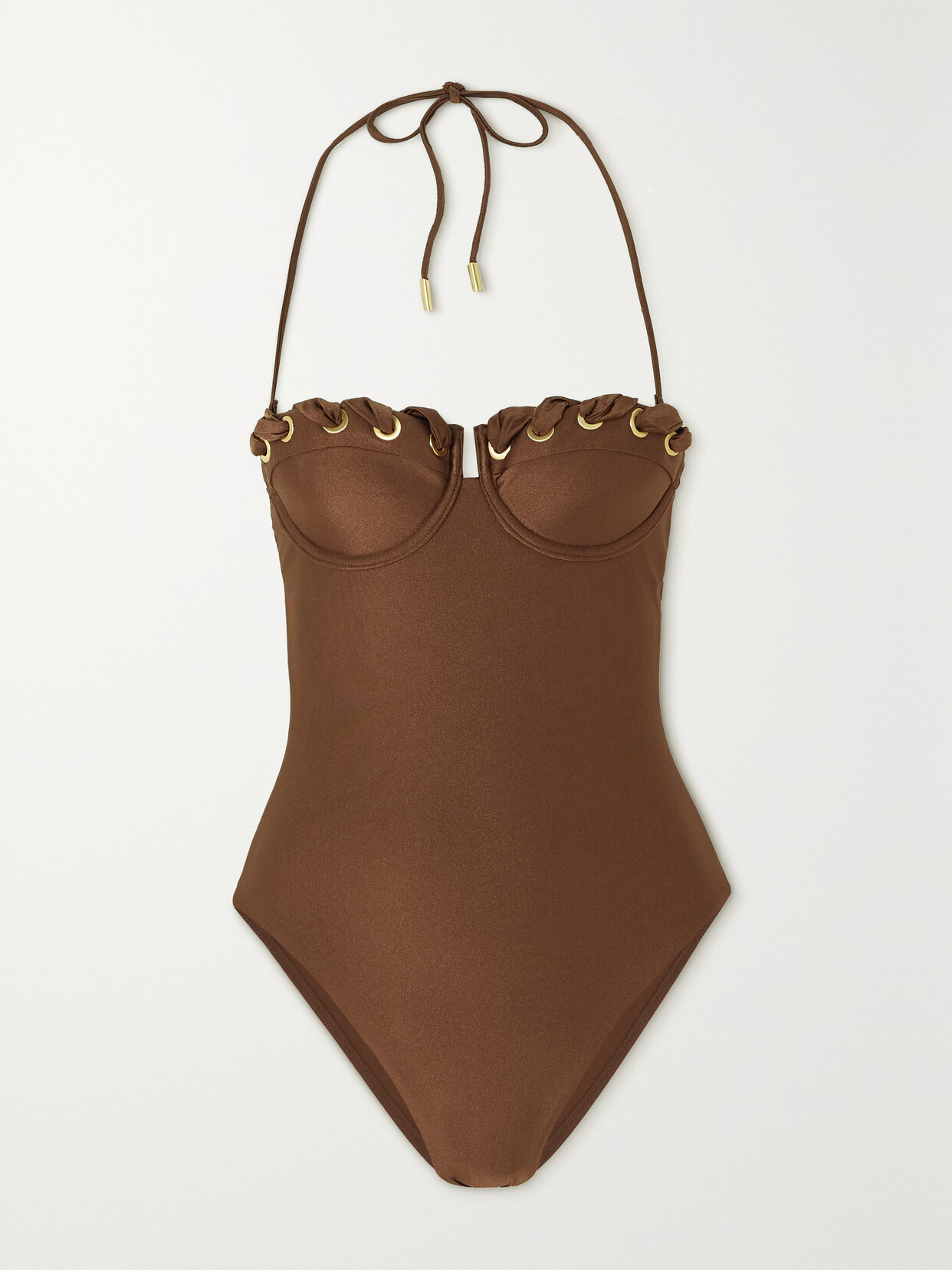 Zimmermann - Devi Eyelet-embellished Cutout Underwired Halterneck Swimsuit - Brown