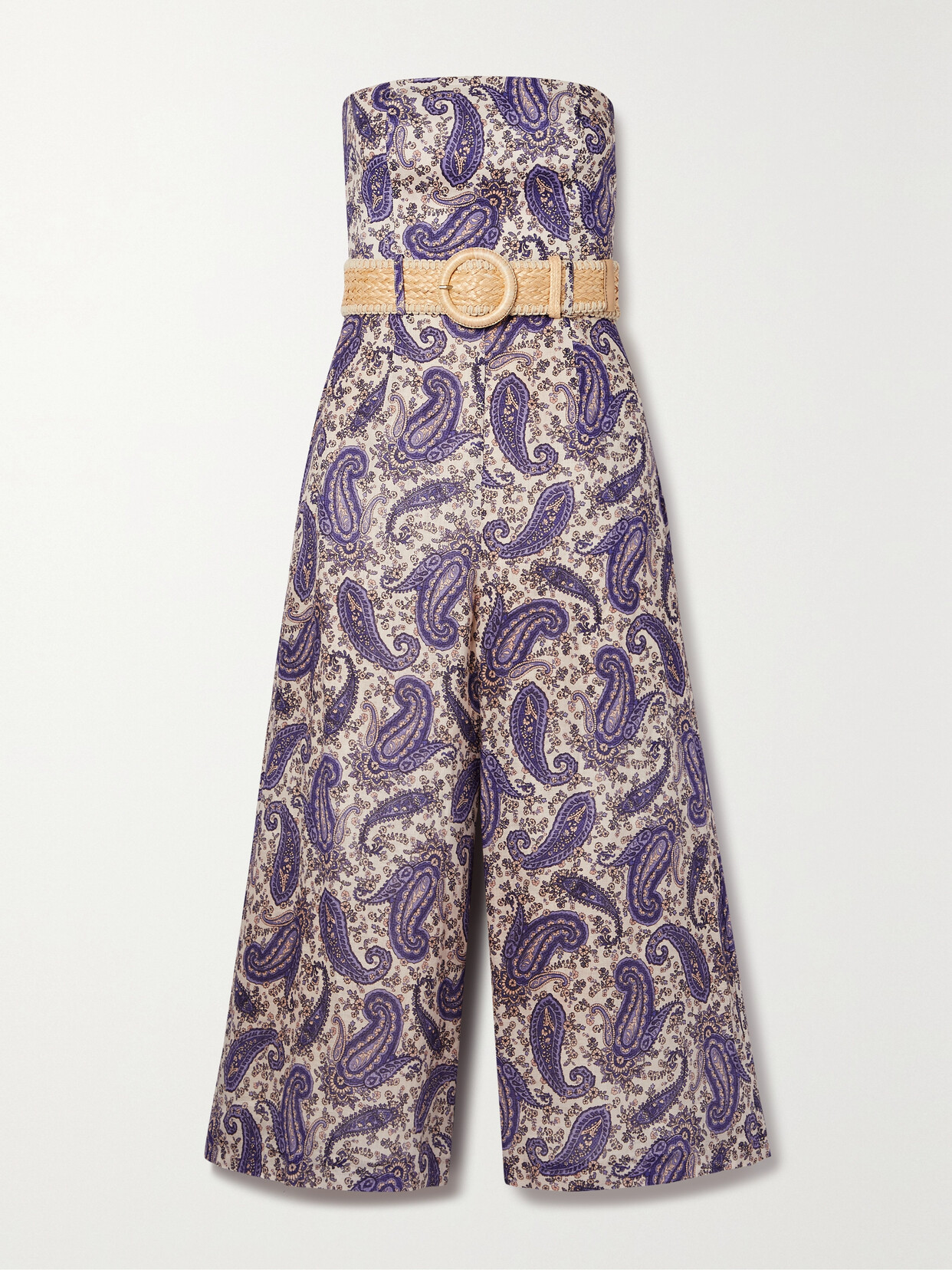 ZIMMERMANN DEVI STRAPLESS BELTED CROPPED PAISLEY-PRINT LINEN JUMPSUIT