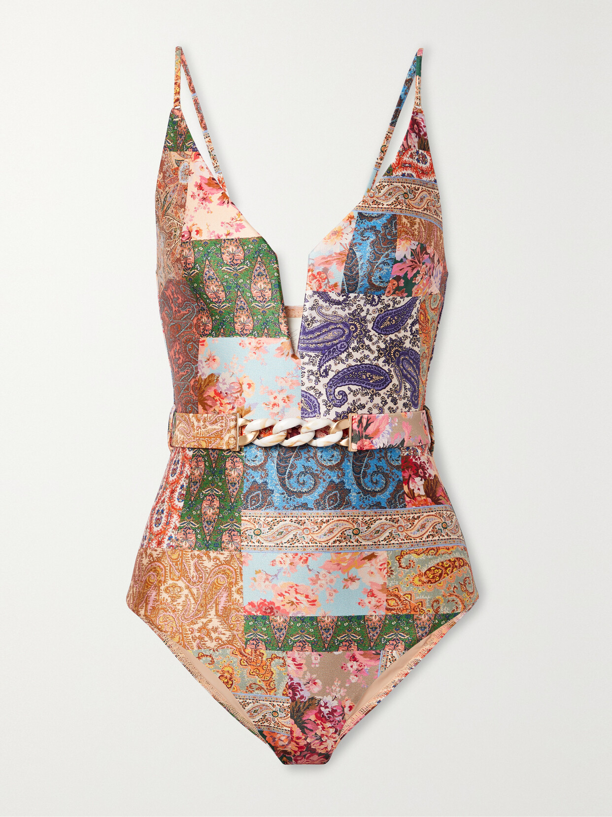 Zimmermann - Devi Chain-embellished Belted Paisley-print Swimsuit - Pink