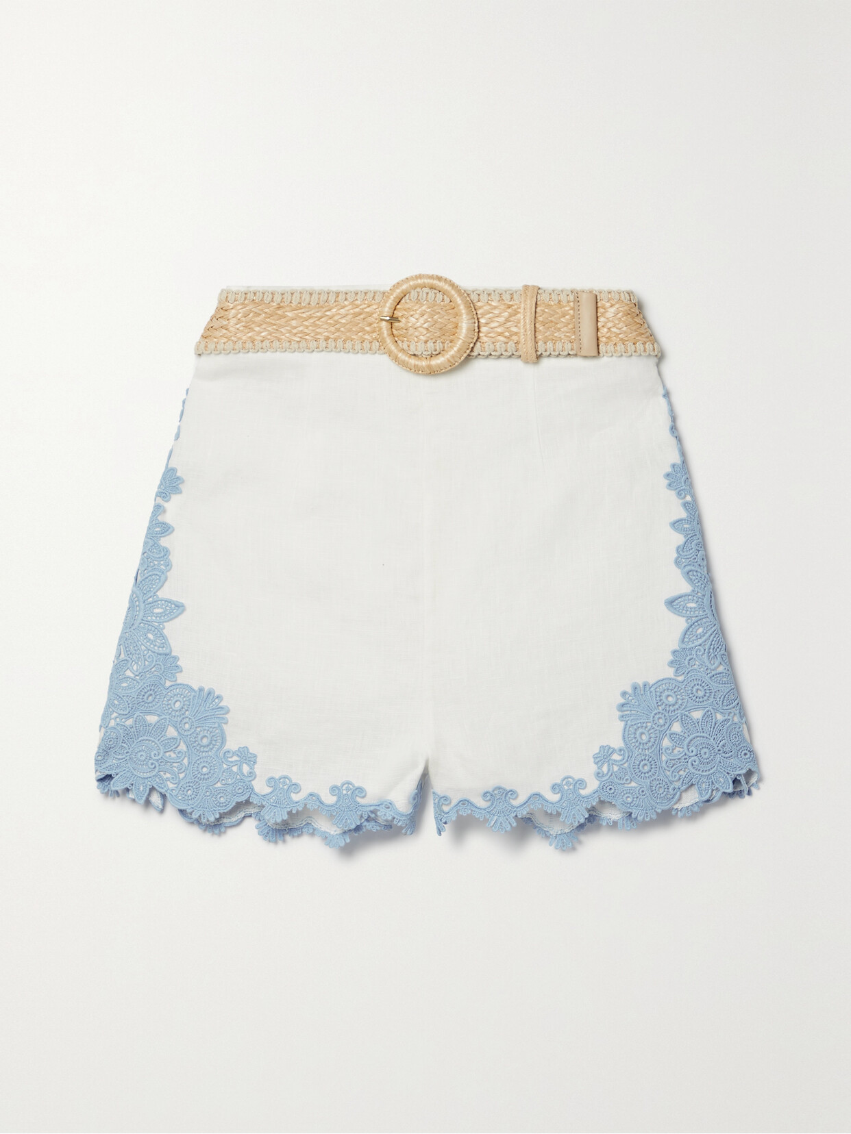 ZIMMERMANN RAIE BELTED APPLIQUÉD LACE-TRIMMED LINEN SHORTS