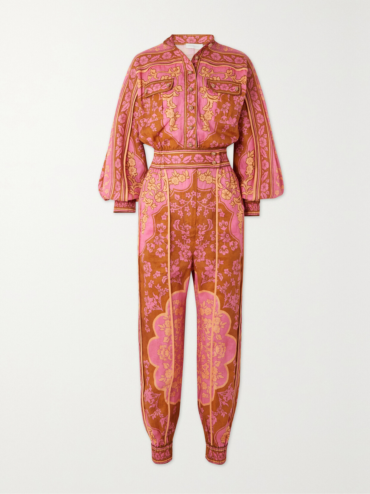 Zimmermann Raie Balloon-sleeve Floral-jacquard Jumpsuit In Pink