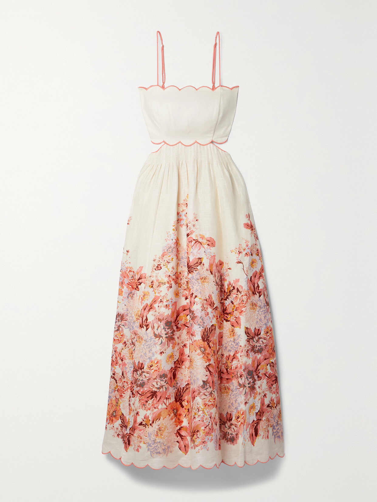 ZIMMERMANN DEVI CUTOUT FLORAL-PRINT LINEN MIDI DRESS