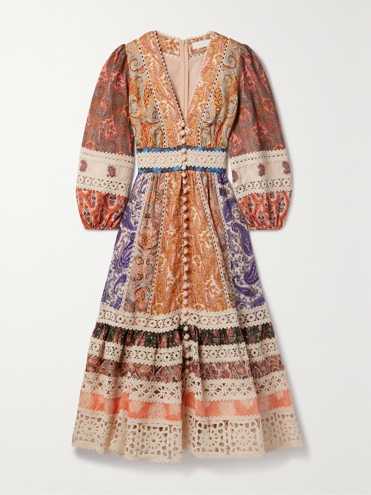 ZIMMERMANN DEVI CROCHET-TRIMMED PATCHWORK PAISLEY LINEN MIDI DRESS