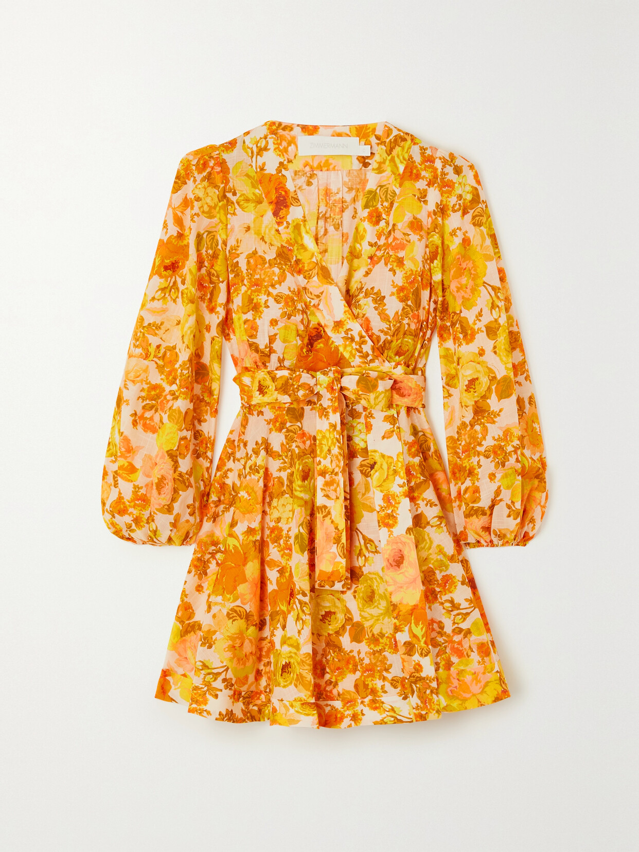 Zimmermann Raie Belted Floral-print Cotton-poplin Mini Wrap Dress - Yellow