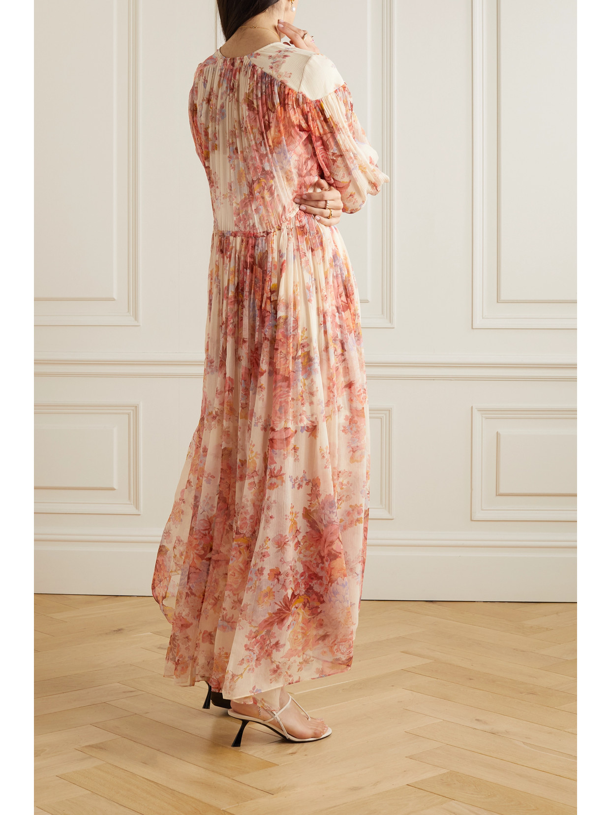 Shop Zimmermann Devi Gathered Floral-print Silk-chiffon Midi Dress In Red