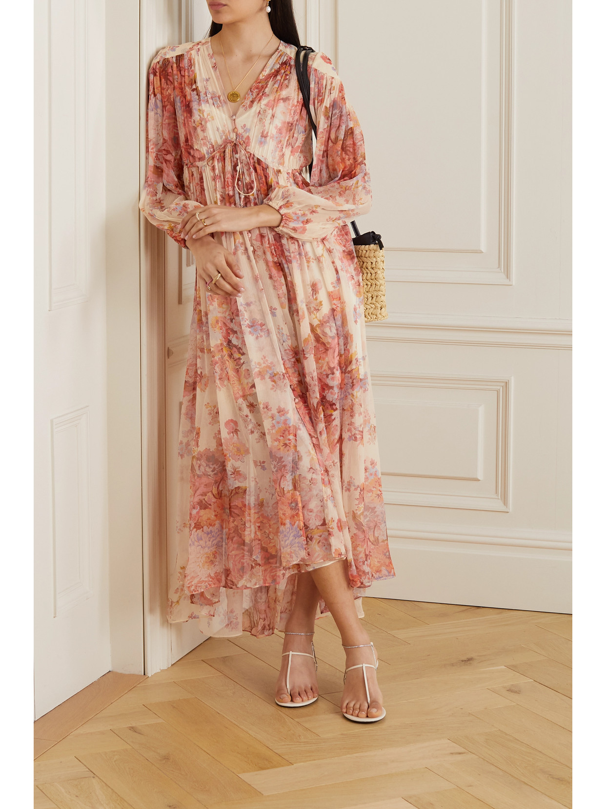 Shop Zimmermann Devi Gathered Floral-print Silk-chiffon Midi Dress In Red