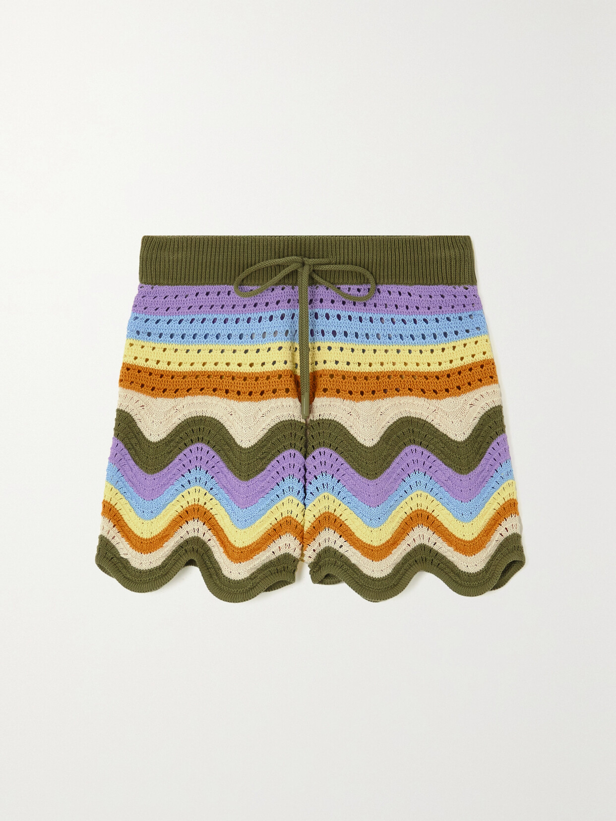 ZIMMERMANN SCALLOPED STRIPED CROCHET-KNIT COTTON SHORTS