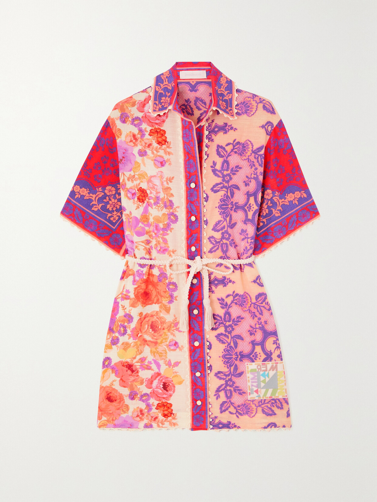 Zimmermann Raie Belted Crochet-trimmed Patchwork Floral-print