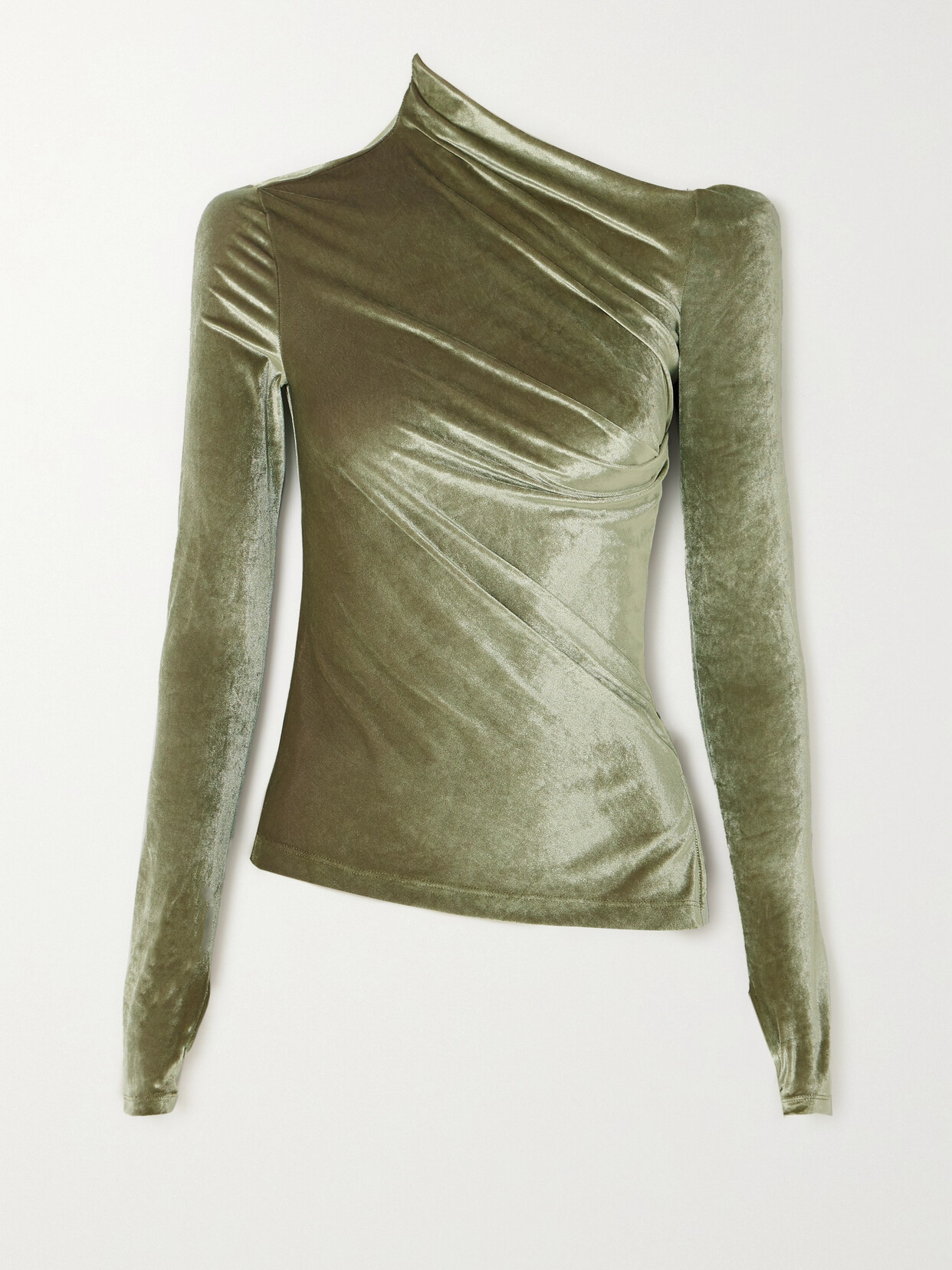 Helmut Lang - Asymmetric Ruched Stretch-velvet Top - Green