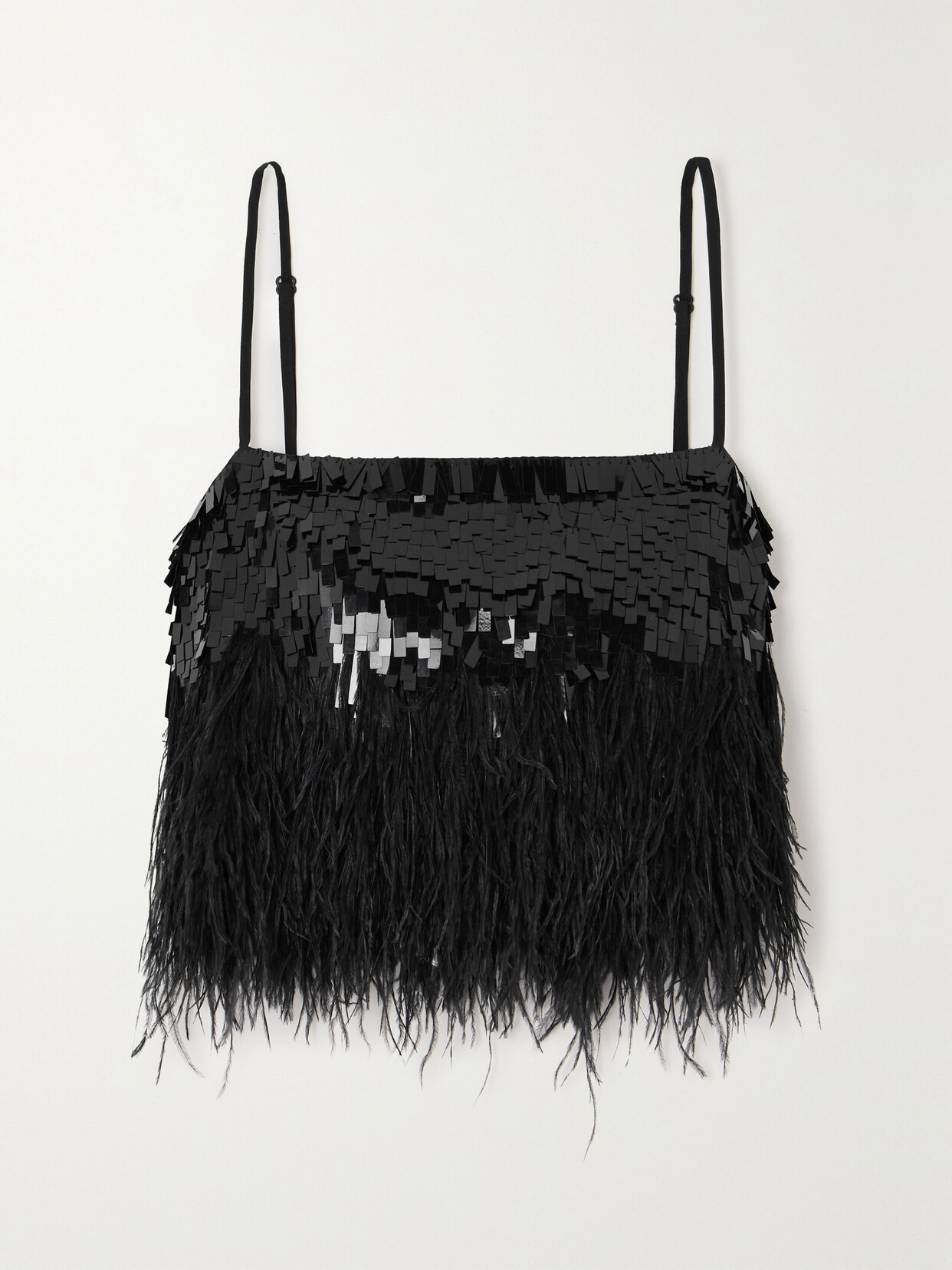 Johanna Ortiz Cropped Feather-trimmed Sequined Satin Top - Black