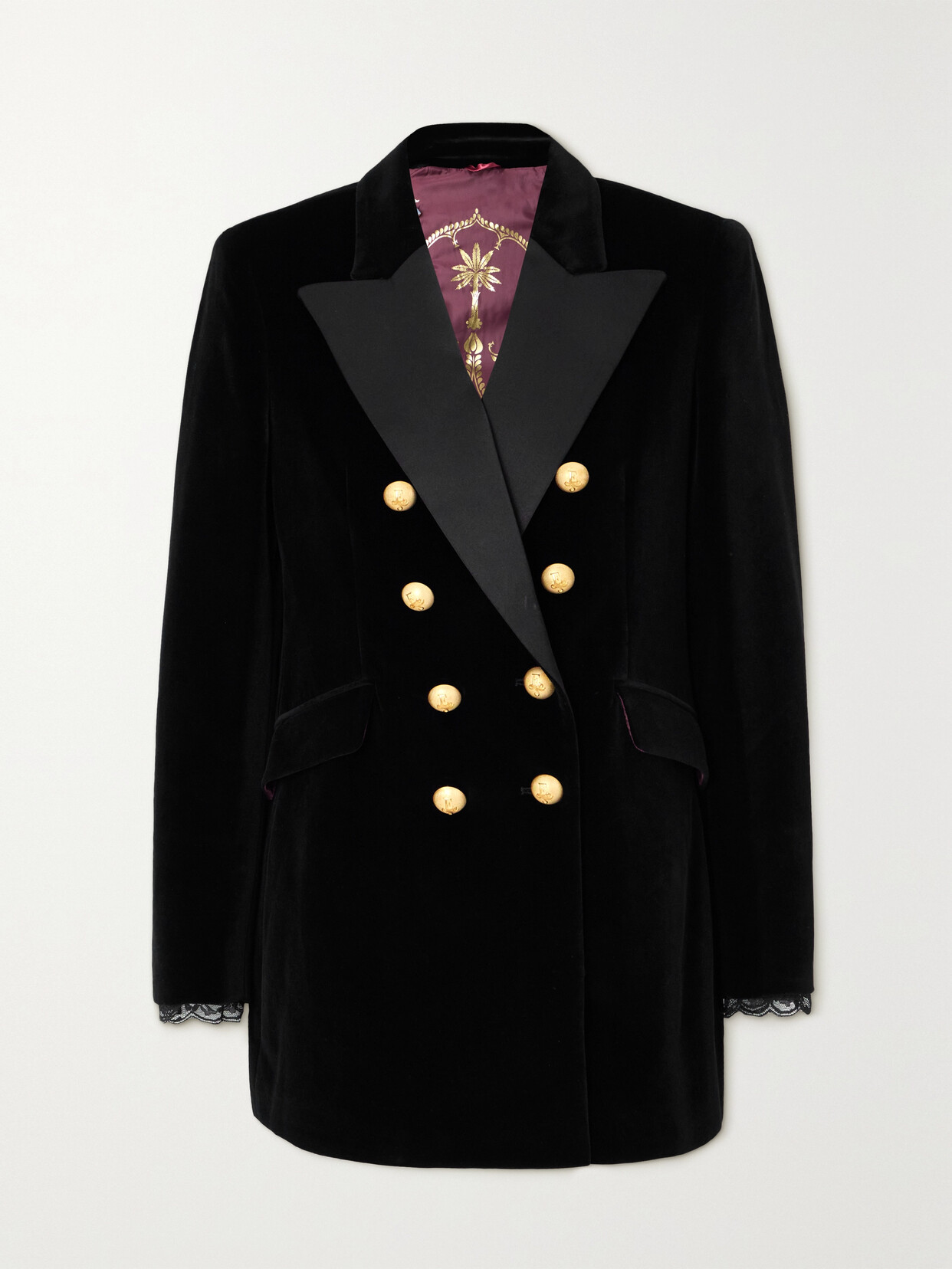 Johanna Ortiz + The Extreme Collection Satin And Lace-trimmed Embroidered Cotton-velvet Blazer - Black