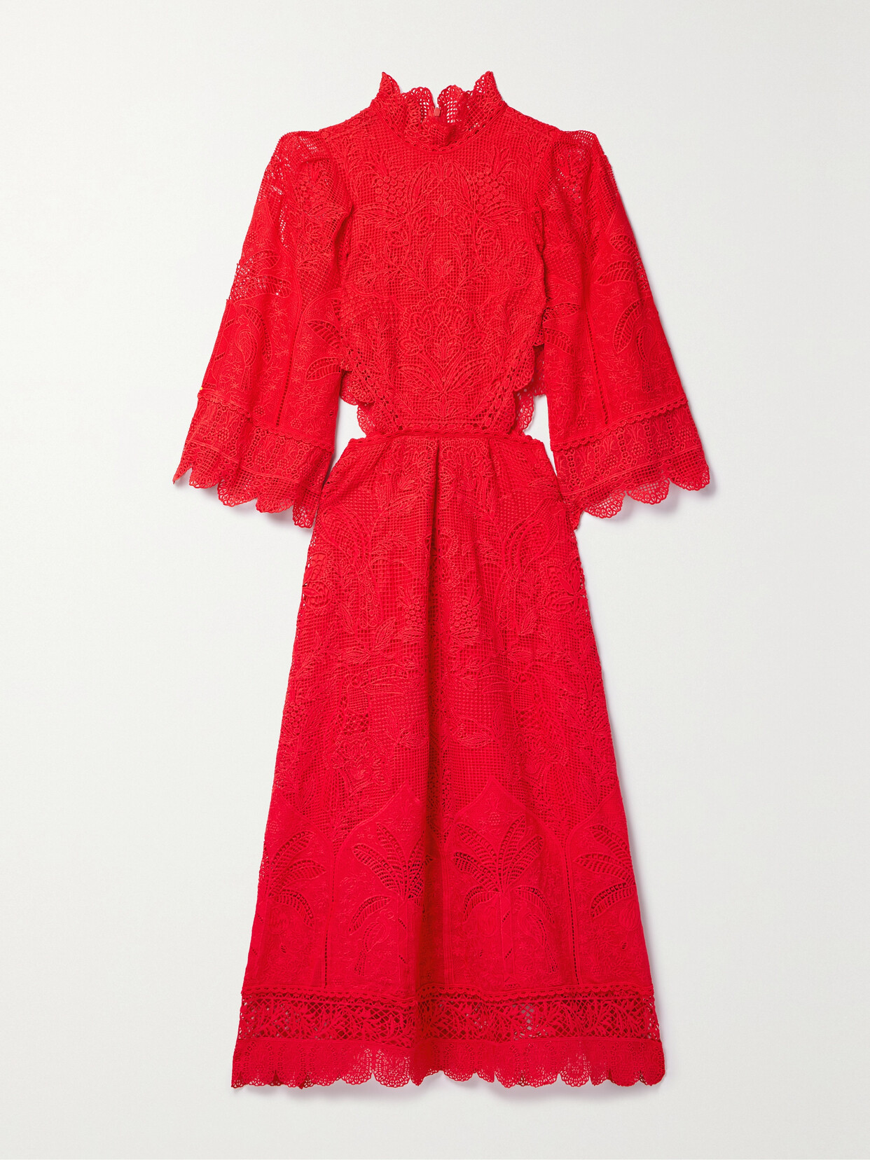 Farm Rio Mock-neck Cutout Lace Midi Dress In Red