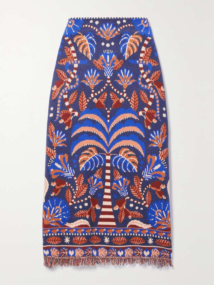 Farm Rio Fringed Jacquard-knit Midi Skirt
