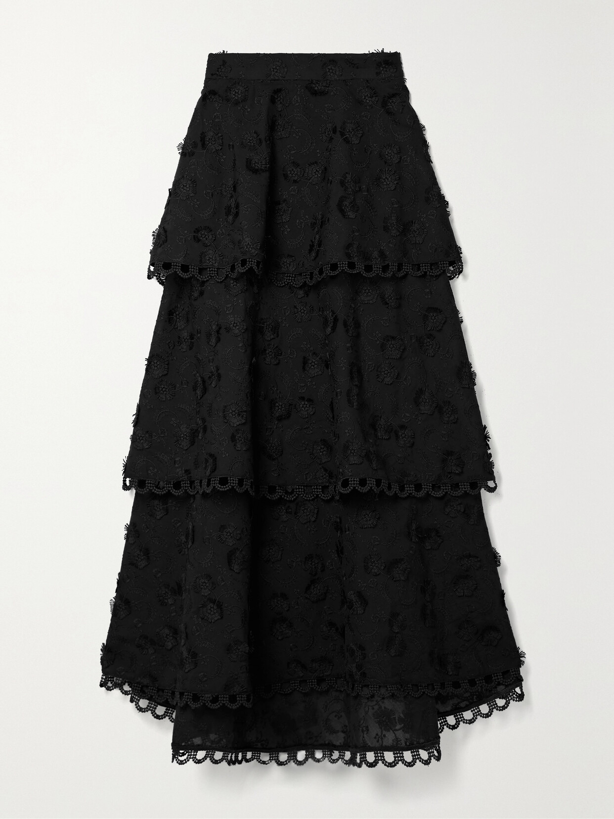 Farm Rio - Tiered Embroidered Crepe Midi Skirt - Black