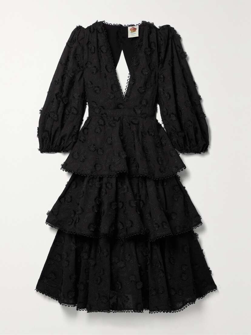 Farm Rio Tiered Embroidered Crepe Midi Dress - x large