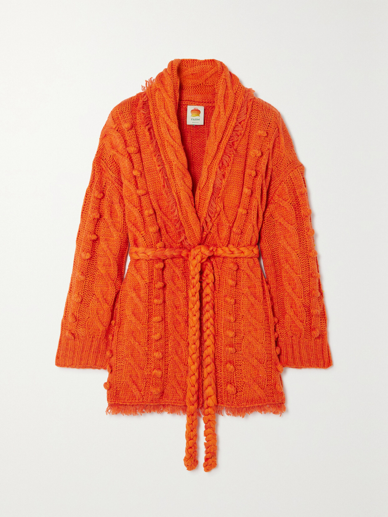 Farm Rio - Oversized Belted Frayed Embellished Cable-knit Cardigan - Orange